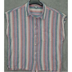 ORVIS Women Striped Linen Blend Short Sleeve Button Up Shirt Top L G